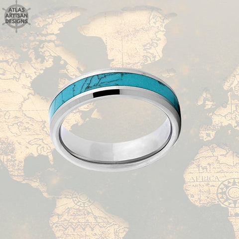 Image of 6mm Turquoise Wedding Bands Womens Ring Turquoise Inlay Ring Beveled Turquoise Ring Mens Wedding Band Silver Tungsten Ring, Unique Mens Ring - Atlas Artisan Designs