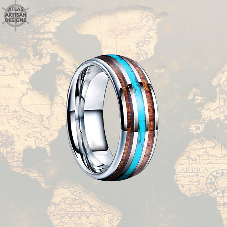 Mens Turquoise Ring Tungsten Wedding Band Viking Ring, 8mm Unique Koa Wood Ring Mens Wedding Band Turquoise Inlay Ring, Silver Wooden Ring - Atlas Artisan Designs