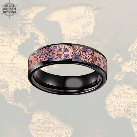 Image of 6mm Rose Gold Wedding Band Steampunk Ring Black & Purple Ring Mens Wedding Band Tungsten Ring, Purple Carbon Fiber Ring Mechanical Mens Ring - Atlas Artisan Designs