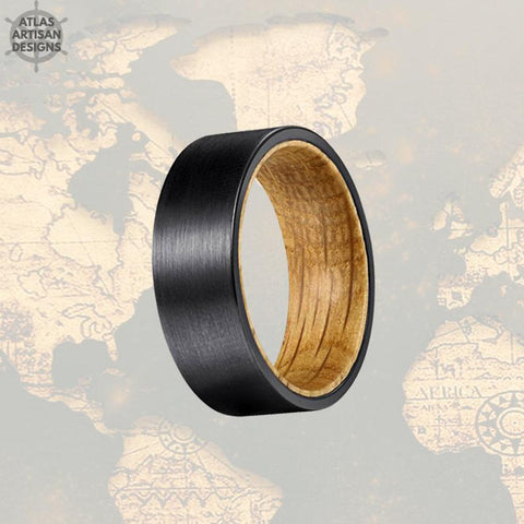 Image of Mens Whiskey Barrel Ring, 8mm Mens Wedding Band Wood Ring, Black Tungsten Wedding Band Mens Ring, Whiskey Barrel Wood Inlay Ring Wooden Ring - Atlas Artisan Designs