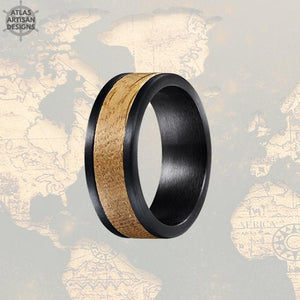 Black Whiskey Barrel Ring 8mm Pipe Cut Mens Wedding Band Wood Ring, Bourbon Barrel Wedding Band Mens Ring, Whiskey Barrel Wood Inlay Ring - Atlas Artisan Designs