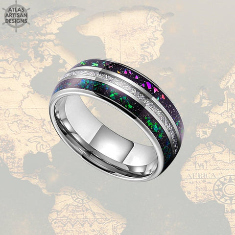 Image of Blue Opal & Meteorite Ring Mens Wedding Band, 8mm Green Opal Ring Tungsten Wedding Band Mens Ring, Meteorite Wedding Bands Women Unique Ring - Atlas Artisan Designs