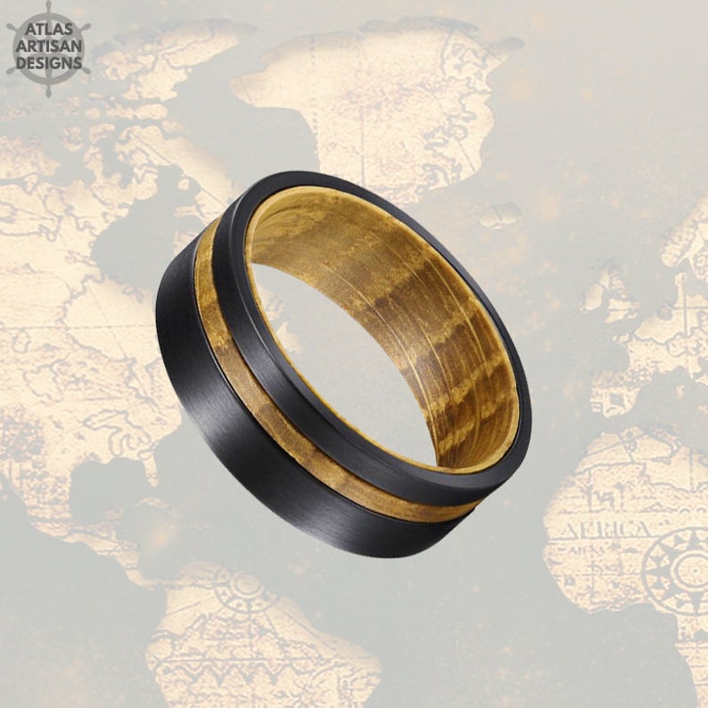 8mm Whiskey Barrel Ring Mens Offset Wood Inlay Ring, Black Tungsten Wedding Band Wooden Ring - Atlas Artisan Designs