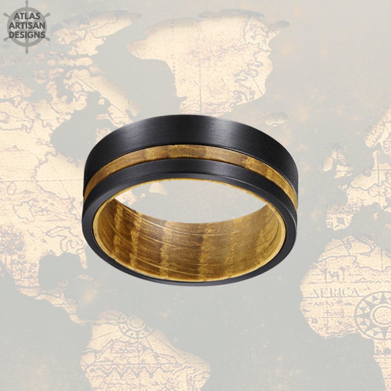 8mm Whiskey Barrel Ring Mens Offset Wood Inlay Ring, Black Tungsten Wedding Band Wooden Ring - Atlas Artisan Designs