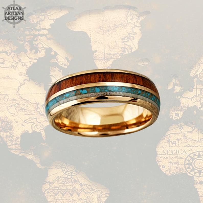 18K Rose Gold Mens Turquoise Ring Wood Wedding Band Deer Antler Ring, Unique Koa Wood Ring Mens Wedding Band Tungsten Ring with Antler Inlay - Atlas Artisan Designs