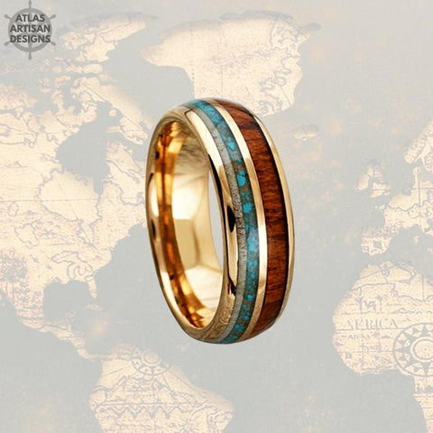 Image of 18K Rose Gold Mens Turquoise Ring Wood Wedding Band Deer Antler Ring, Unique Koa Wood Ring Mens Wedding Band Tungsten Ring with Antler Inlay - Atlas Artisan Designs