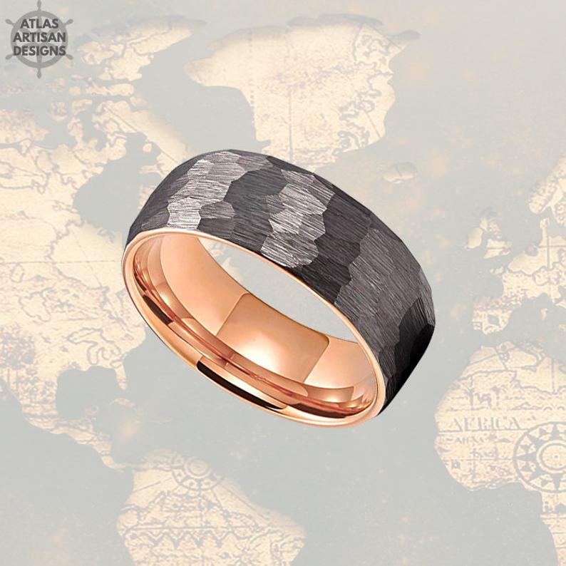 Rose Gold Ring Mens Wedding Band Tungsten Ring, 8mm Silver Hammered Ring Couples Ring Set Viking Ring, Rose Gold Wedding Bands Womens Ring - Atlas Artisan Designs