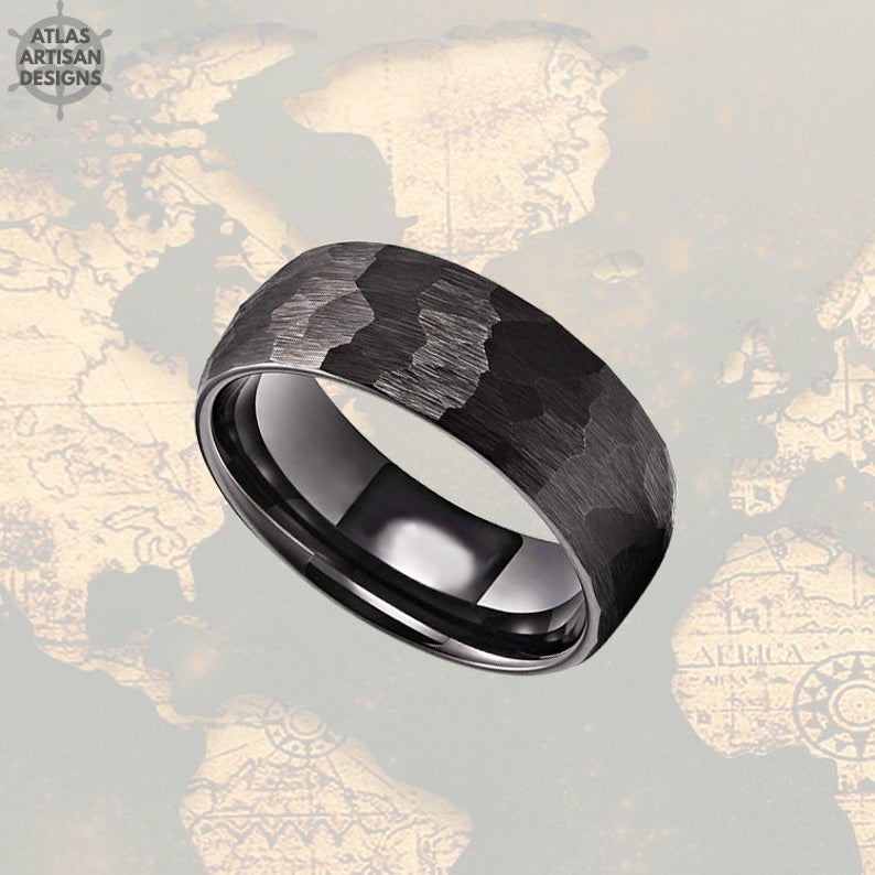 Black Hammered Ring Mens Wedding Band Tungsten Ring Couples Ring Set, 8mm Tungsten Wedding Band Mens Ring, Viking Wedding Ring for Couples - Atlas Artisan Designs