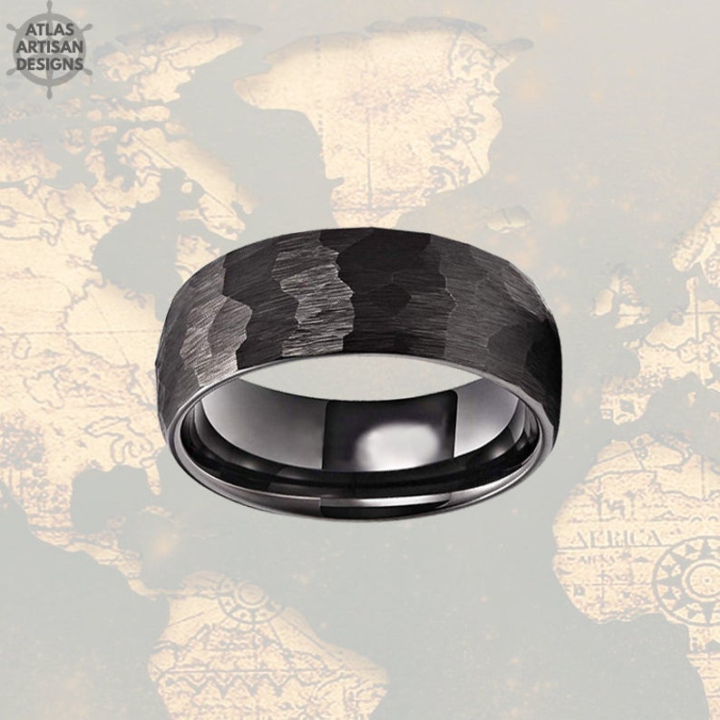 Black Hammered Ring Mens Wedding Band Tungsten Ring Couples Ring Set, 8mm Tungsten Wedding Band Mens Ring, Viking Wedding Ring for Couples - Atlas Artisan Designs