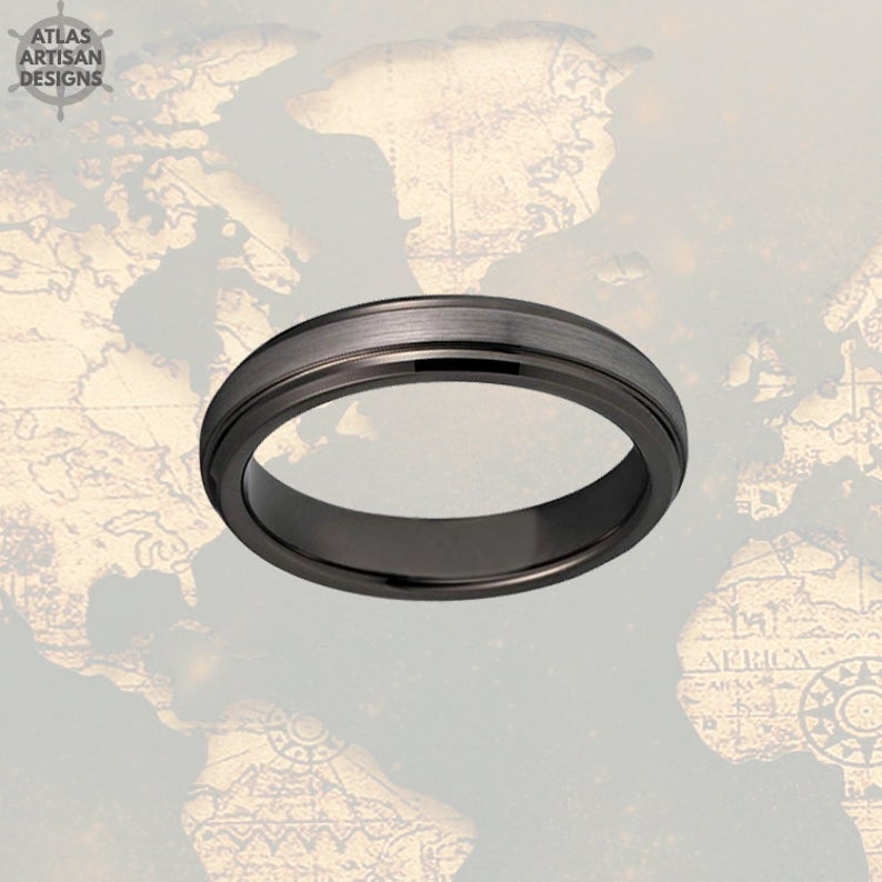 Unique Gunmetal Ring Mens Wedding Band Tungsten Ring, 4mm Silver Ring Male Wedding Band Couples Ring Set Tungsten Wedding Bands Women Ring - Atlas Artisan Designs