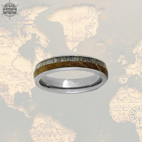 Image of 6mm Whiskey Barrel Ring Mens Wedding Band Tungsten Ring Deer Antler Ring Tungsten Wedding Band Mens Ring, Wood Wedding Band Mens Nature Ring - Atlas Artisan Designs