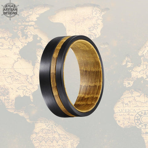Image of 8mm Whiskey Barrel Ring Mens Offset Wood Inlay Ring, Black Tungsten Wedding Band Wooden Ring - Atlas Artisan Designs