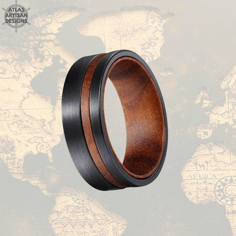 Image of Rose Wood Ring Mens Wedding Band Tungsten Ring with Offset Groove, 8mm Black Tungsten Wedding Band Mens Ring, Unique Wood Wedding Band - Atlas Artisan Designs