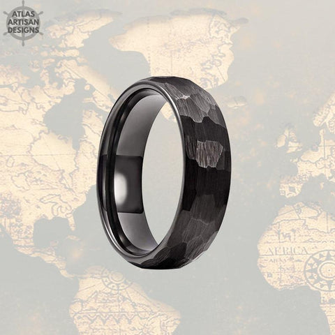 Image of 6mm Black Hammered Ring Womens Wedding Band Tungsten Ring, Mens Wedding Band Viking Ring, Couples Ring Set Unique Wedding Ring for Couples - Atlas Artisan Designs