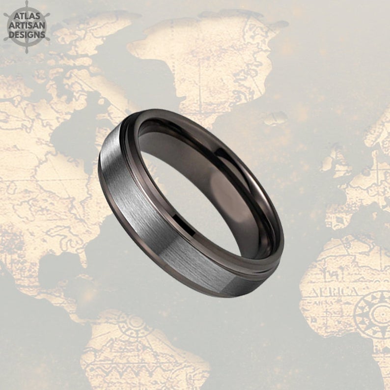 6mm Gunmetal Ring Mens Wedding Band Tungsten Ring, Unique Silver Ring Male Wedding Band Couples Ring Set Tungsten Wedding Bands Women Ring - Atlas Artisan Designs