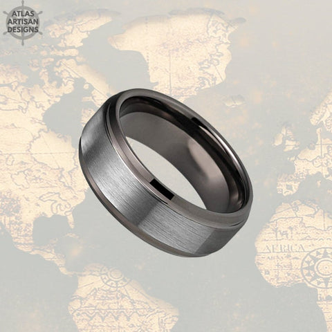 Image of Step Edges Gunmetal Ring Mens Wedding Band Tungsten Ring, Male Wedding Band Silver Couples Ring Set Tungsten Wedding Band Mens Promise Ring - Atlas Artisan Designs