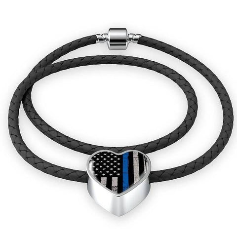 Image of Thin Blue Line Bracelet - Gift for Police Wife - Police Heart Bracelet - Thin Blue Line Gift - Leather Police Bracelet - Police Officer Gift - Atlas Artisan Designs