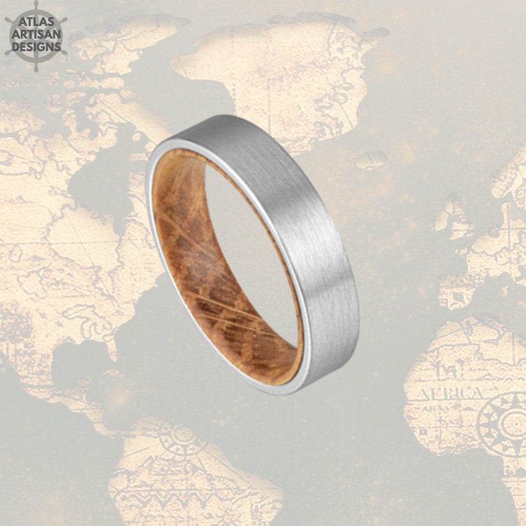 6mm Whiskey Barrel Ring Silver Tungsten Wedding Band Mens Ring, Comfort Fit Unique Mens Wedding Band Wood Ring, Whiskey Wooden Ring for Men - Atlas Artisan Designs