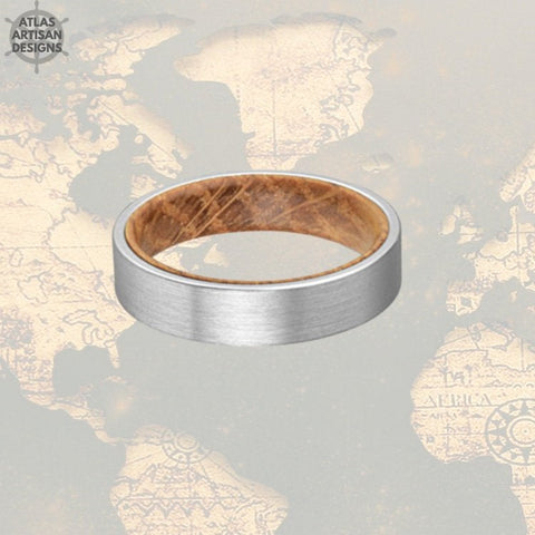 Image of 6mm Whiskey Barrel Ring Silver Tungsten Wedding Band Mens Ring, Comfort Fit Unique Mens Wedding Band Wood Ring, Whiskey Wooden Ring for Men - Atlas Artisan Designs