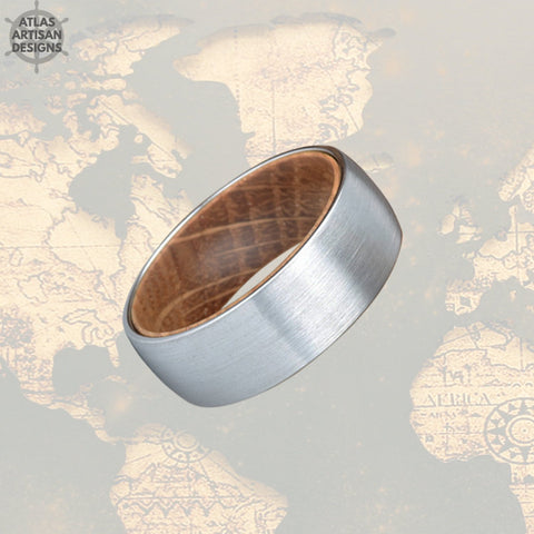 Image of Unique Mens Wedding Band Wood Ring, 8mm Tungsten Carbide Whiskey Barrel Ring Silver Tungsten Wedding Band Mens Ring, Whiskey Wooden Ring - Atlas Artisan Designs