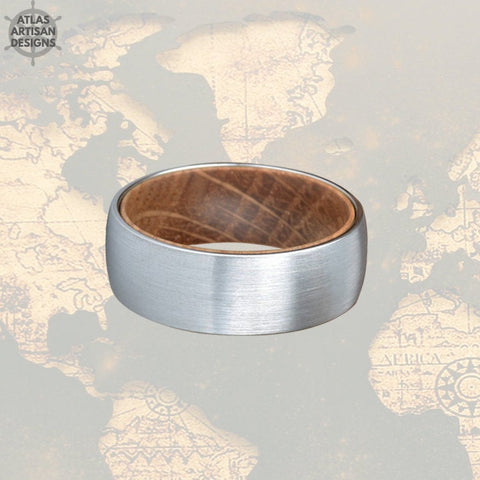 Image of Unique Mens Wedding Band Wood Ring, 8mm Tungsten Carbide Whiskey Barrel Ring Silver Tungsten Wedding Band Mens Ring, Whiskey Wooden Ring - Atlas Artisan Designs