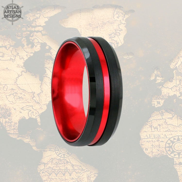 Red & Black Tungsten Ring Mens Wedding Band, Thin Red Line Gifts, Mens Promise Ring, Tungsten Wedding Band Mens Ring, Firefighter Gift - Atlas Artisan Designs
