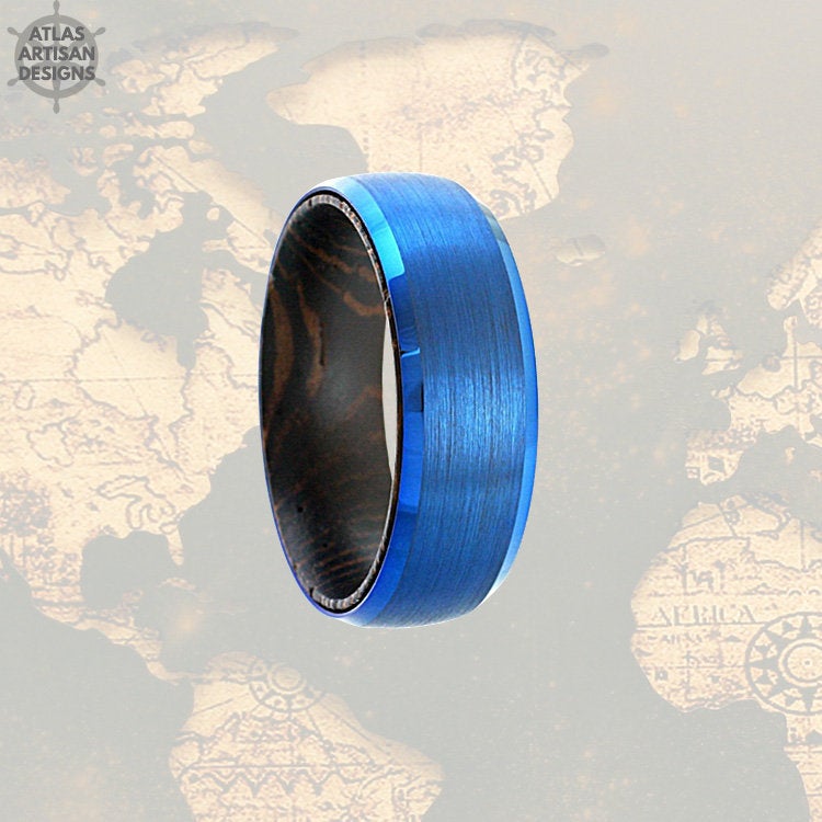 Blue Tungsten Carbide Mens Wood Ring, Mens Wedding Band Wooden Ring, Blue Tungsten Wedding Band Mens Ring,Comfort Fit Unique Wood Inlay Ring - Atlas Artisan Designs