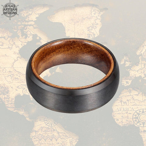 Image of Koa Wood Ring Mens Wedding Band Black Tungsten Wedding Band Mens Ring, Wood Inlay Ring, Wood Wedding Band with Beveled Edges, Promise Ring - Atlas Artisan Designs