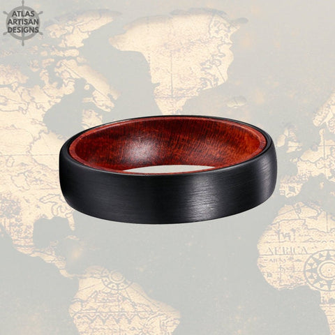 Image of 6mm Red Wood Ring Tungsten Wedding Band Mens Ring, Black Tungsten Ring Beveled Edges, Wood Wedding Band, Rustic Wooden Ring, Promise Ring - Atlas Artisan Designs