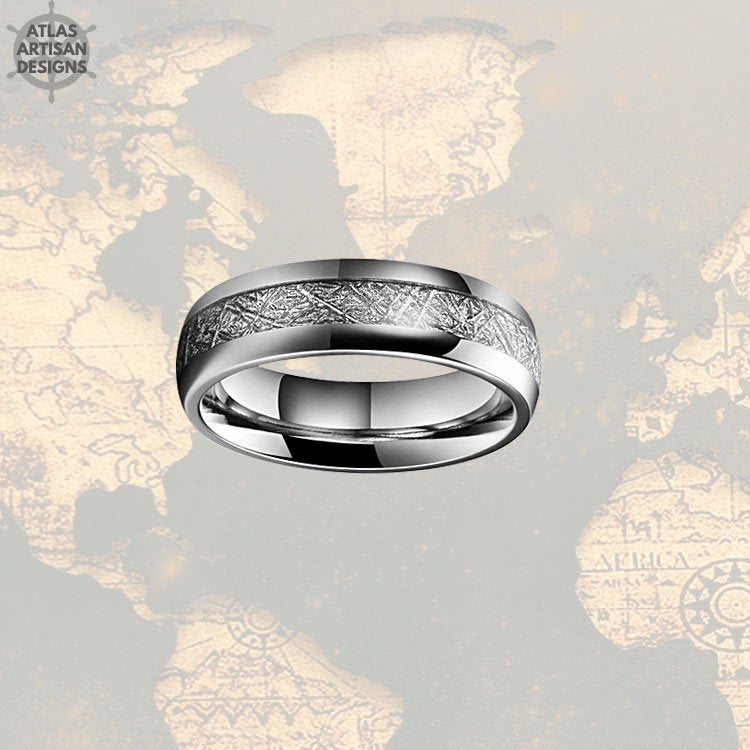 Meteorite Ring Mens Wedding Band, 6mm Tungsten Ring Meteorite Jewelry, Meteorite Wedding Bands Womens & Mens Ring, Silver Meteorite Rings - Atlas Artisan Designs
