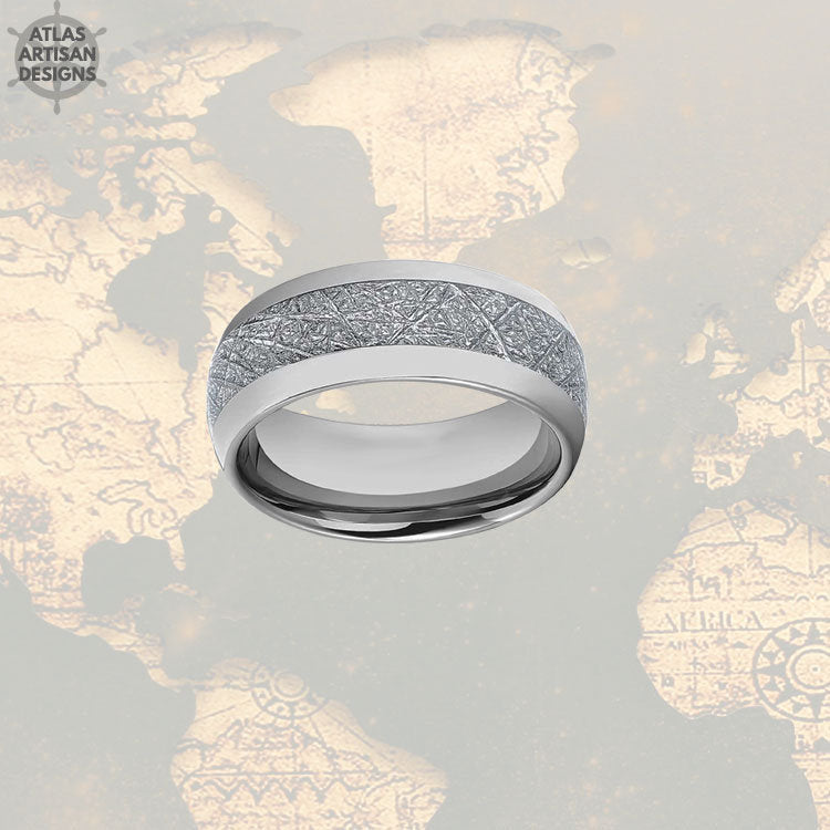 8mm Meteorite Ring Mens Wedding Band, Tungsten Ring Meteorite Jewelry, Meteorite Wedding Bands Womens & Mens Ring, Silver Meteorite Rings - Atlas Artisan Designs