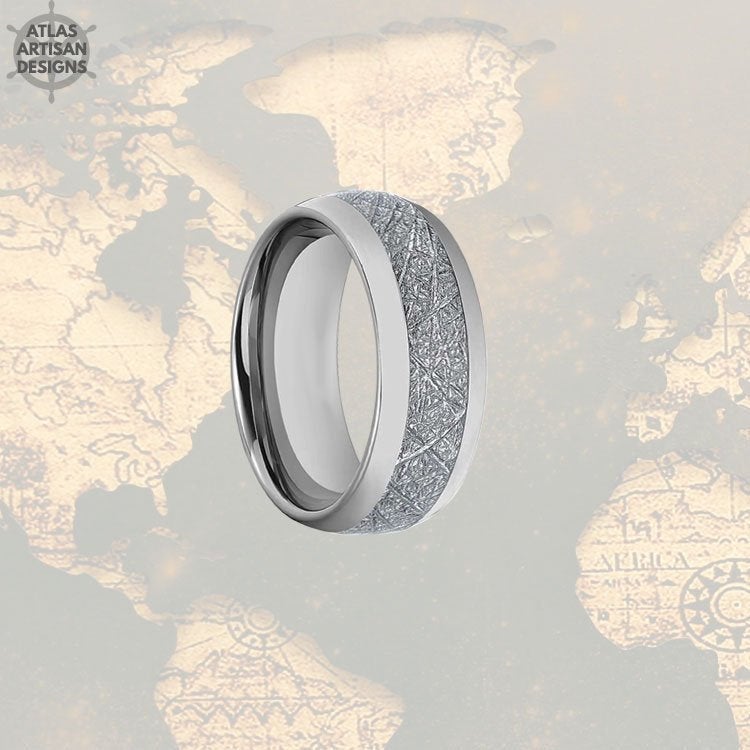 8mm Meteorite Ring Mens Wedding Band, Tungsten Ring Meteorite Jewelry, Meteorite Wedding Bands Womens & Mens Ring, Silver Meteorite Rings - Atlas Artisan Designs