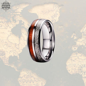 Meteorite Ring Mens Wedding Band Koa Wood Ring, Wood Wedding Band Mens Ring, Silver Tungsten Ring, Unique Meteorite Wedding Rings for Him - Atlas Artisan Designs