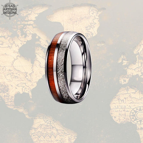 Image of Meteorite Ring Mens Wedding Band Koa Wood Ring, Wood Wedding Band Mens Ring, Silver Tungsten Ring, Unique Meteorite Wedding Rings for Him - Atlas Artisan Designs