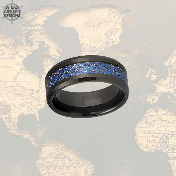 Viking Wedding Band Mens Ring, Blue Meteorite Ring with Celtic Inlay, Black Dragon Ring Mens Wedding Band Celtic Ring, Tungsten Viking Ring - Atlas Artisan Designs