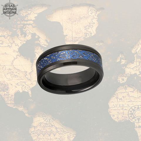 Image of Viking Wedding Band Mens Ring, Blue Meteorite Ring with Celtic Inlay, Black Dragon Ring Mens Wedding Band Celtic Ring, Tungsten Viking Ring - Atlas Artisan Designs
