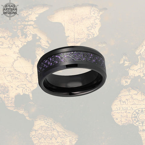 Image of Viking Wedding Ring Mens Purple Ring with Carbon Fiber Inlay, 8mm Black Dragon Ring Mens Wedding Band Celtic Ring, Promise Ring, Mens Ring - Atlas Artisan Designs