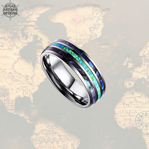 Image of Green Opal Wedding Band Mens Ring, Blue Opal Ring Mens Wedding Band, Tungsten Wedding Bands Womens Abalone Shell Ring, Unique Abalone Ring - Atlas Artisan Designs