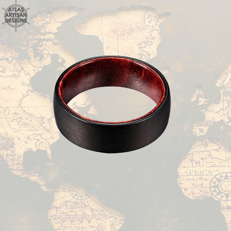Mens Wedding Band Wood Ring, Brushed Black Tungsten Wedding Band Mens Ring, Wood Inlay Ring, Wood Wedding Band, 8mm Wooden Ring for Men - Atlas Artisan Designs