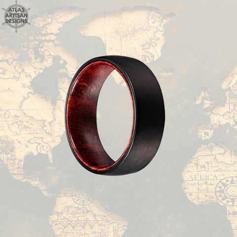 Image of Mens Wedding Band Wood Ring, Brushed Black Tungsten Wedding Band Mens Ring, Wood Inlay Ring, Wood Wedding Band, 8mm Wooden Ring for Men - Atlas Artisan Designs