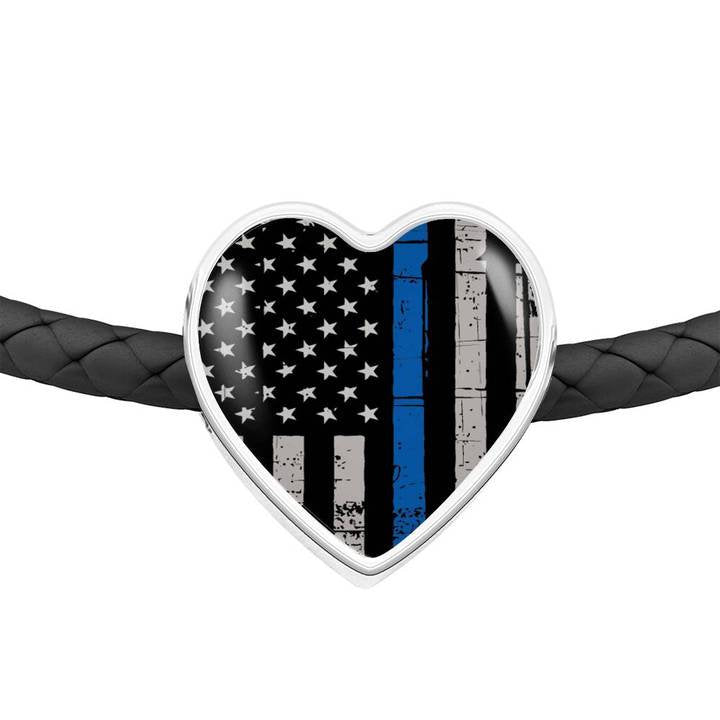 Thin Blue Line Bracelet - Gift for Police Wife - Police Heart Bracelet - Thin Blue Line Gift - Leather Police Bracelet - Police Officer Gift - Atlas Artisan Designs