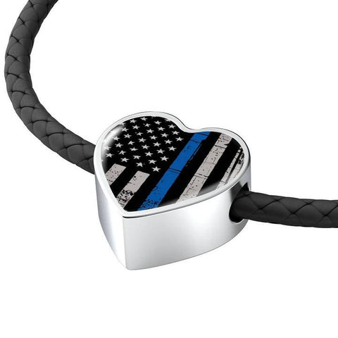 Image of Thin Blue Line Bracelet - Gift for Police Wife - Police Heart Bracelet - Thin Blue Line Gift - Leather Police Bracelet - Police Officer Gift - Atlas Artisan Designs