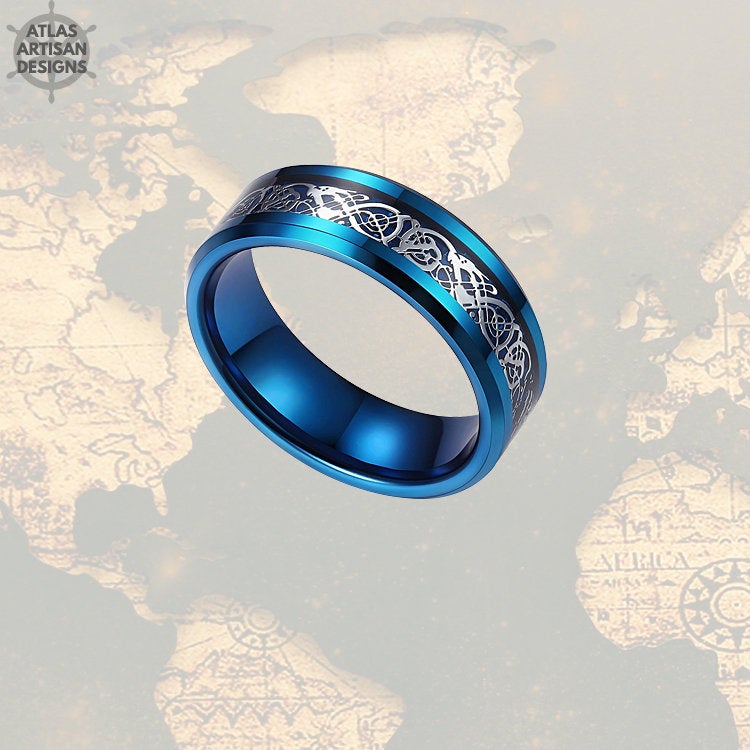 Viking Wedding Ring Mens Tungsten Ring, 8mm Blue Dragon Ring Mens Wedding Band Celtic Ring, Promise Ring, Tungsten Wedding Band Mens Ring - Atlas Artisan Designs