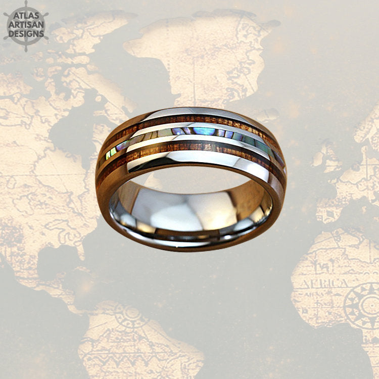 Abalone Ring Mens Wedding Band, Koa Wood Ring Tungsten Wedding Band Mens Ring, Abalone Shell Ring, Wood Wedding Bands Women Couples Ring Set - Atlas Artisan Designs
