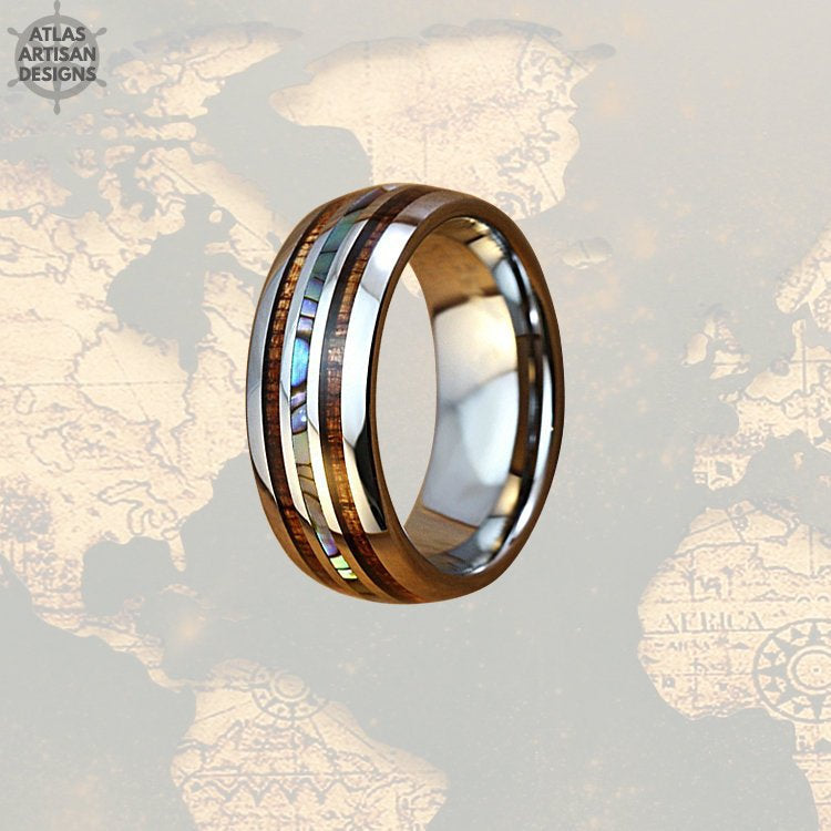 Abalone Ring Mens Wedding Band, Koa Wood Ring Tungsten Wedding Band Mens Ring, Abalone Shell Ring, Wood Wedding Bands Women Couples Ring Set - Atlas Artisan Designs