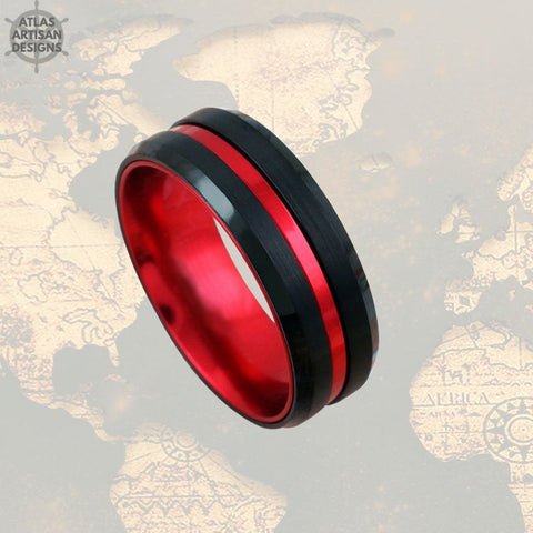 Image of Red & Black Tungsten Ring Mens Wedding Band, Thin Red Line Gifts, Mens Promise Ring, Tungsten Wedding Band Mens Ring, Firefighter Gift - Atlas Artisan Designs