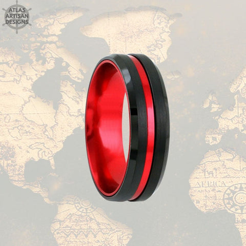 Image of 6mm Tungsten Wedding Band Mens Ring, Black & Red Tungsten Ring Mens Wedding Band, Thin Red Line Gifts, Firefighter Gift Unique Couples Ring - Atlas Artisan Designs