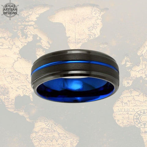 Image of 6mm Tungsten Wedding Band Mens Ring, Couples Ring Black & Blue Tungsten Ring Mens Wedding Band, Thin Blue Line Gifts, Police Officer Gifts - Atlas Artisan Designs