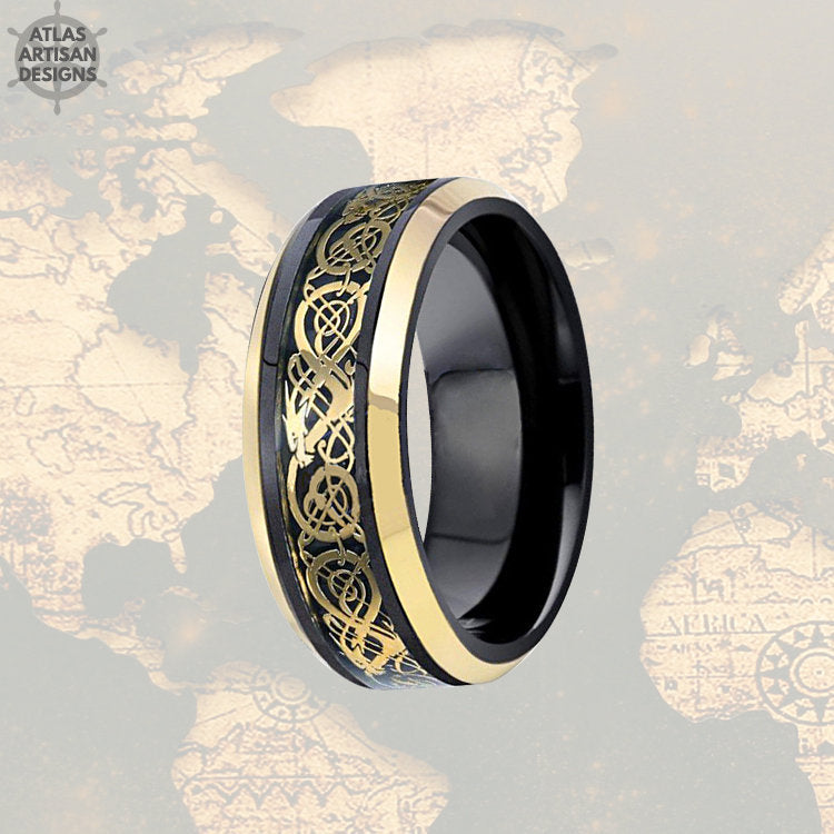 Black Viking Wedding Ring Mens Tungsten Ring, Dragon Ring Mens Wedding Band Celtic Ring Yellow Gold Ring, Tungsten Wedding Band Mens Ring - Atlas Artisan Designs