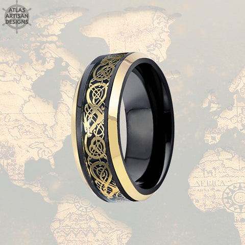 Image of Black Viking Wedding Ring Mens Tungsten Ring, Dragon Ring Mens Wedding Band Celtic Ring Yellow Gold Ring, Tungsten Wedding Band Mens Ring - Atlas Artisan Designs